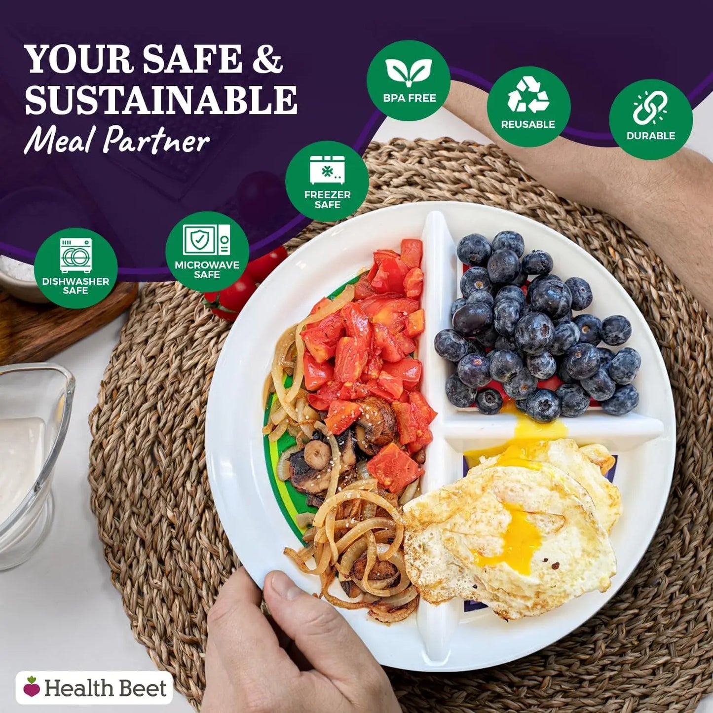 Portion Control Plate with 3 Divided Sections for Veggies, Carbs & Protein, Microwave & Dishwasher Safe, Bariatric Sectioned