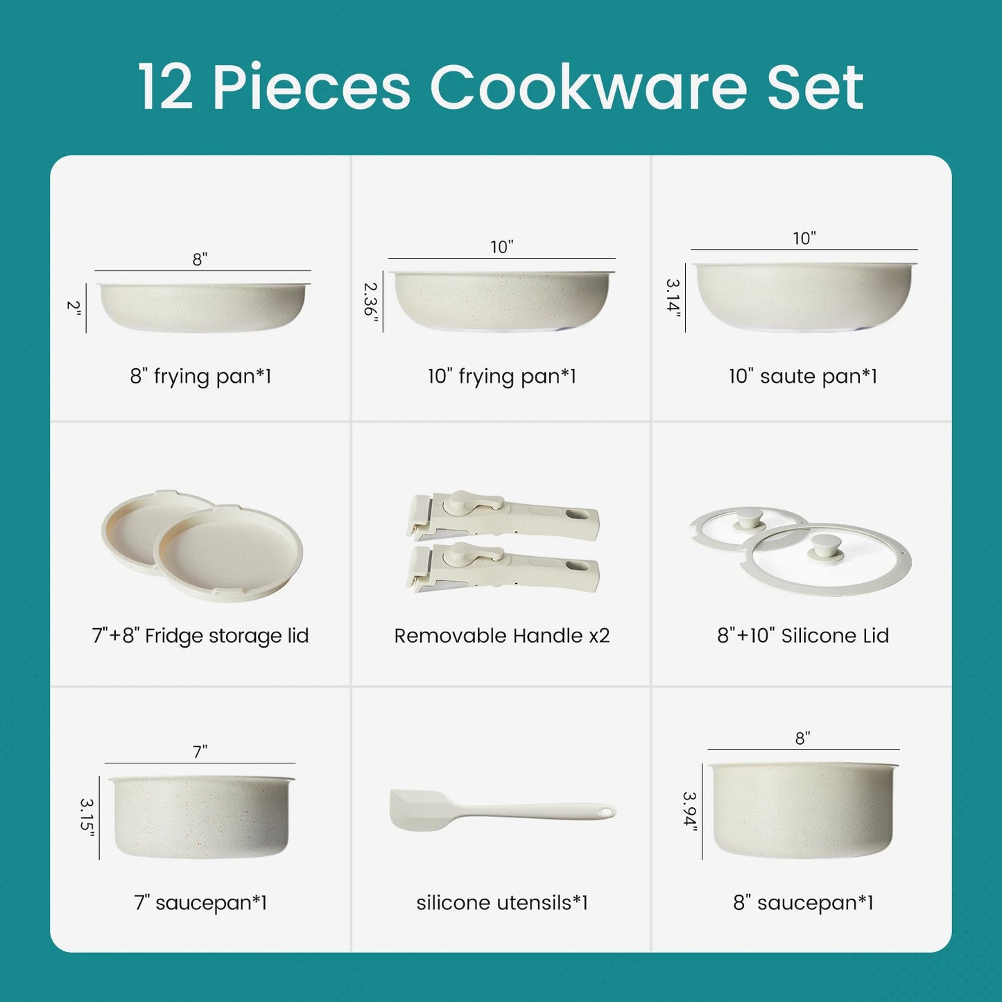 JHK Nonstick 12-Piece Pots And Pans Set With Detachable Handle