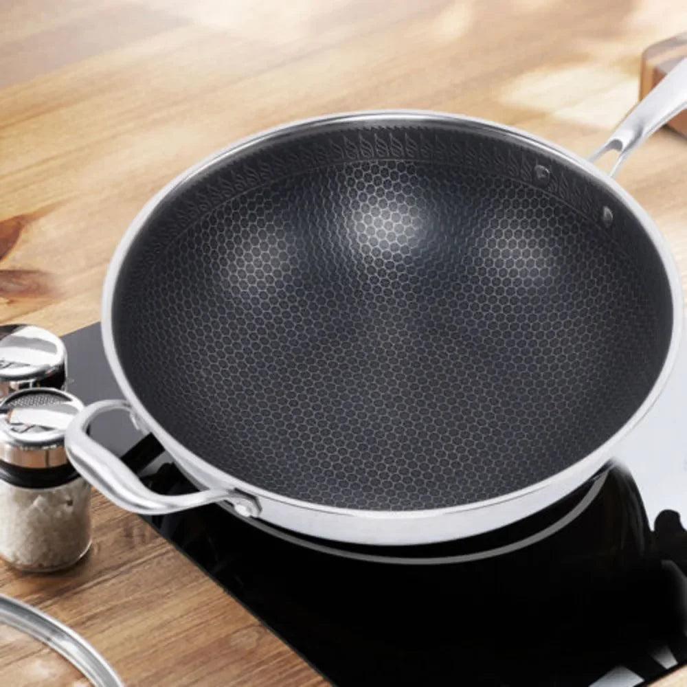 Stainless Steel Wok Pan With Nonstick Coating And Glass Lid