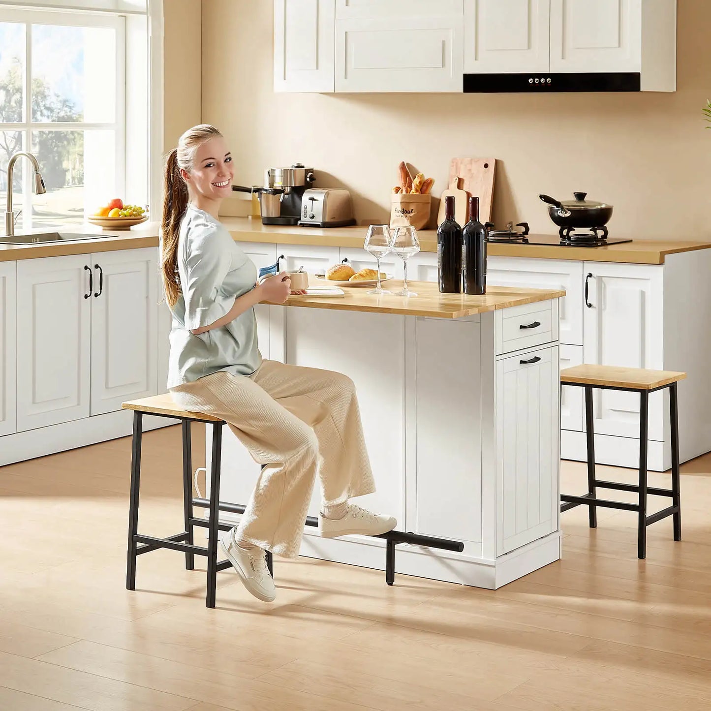 Stationary Kitchen Islands with 2 Chairs, 47" Rolling Kitchen Island with Drop Leaf, Home Bar Table with Spice Rack & Trash Can, Movable Island, Island Table for Dining Room