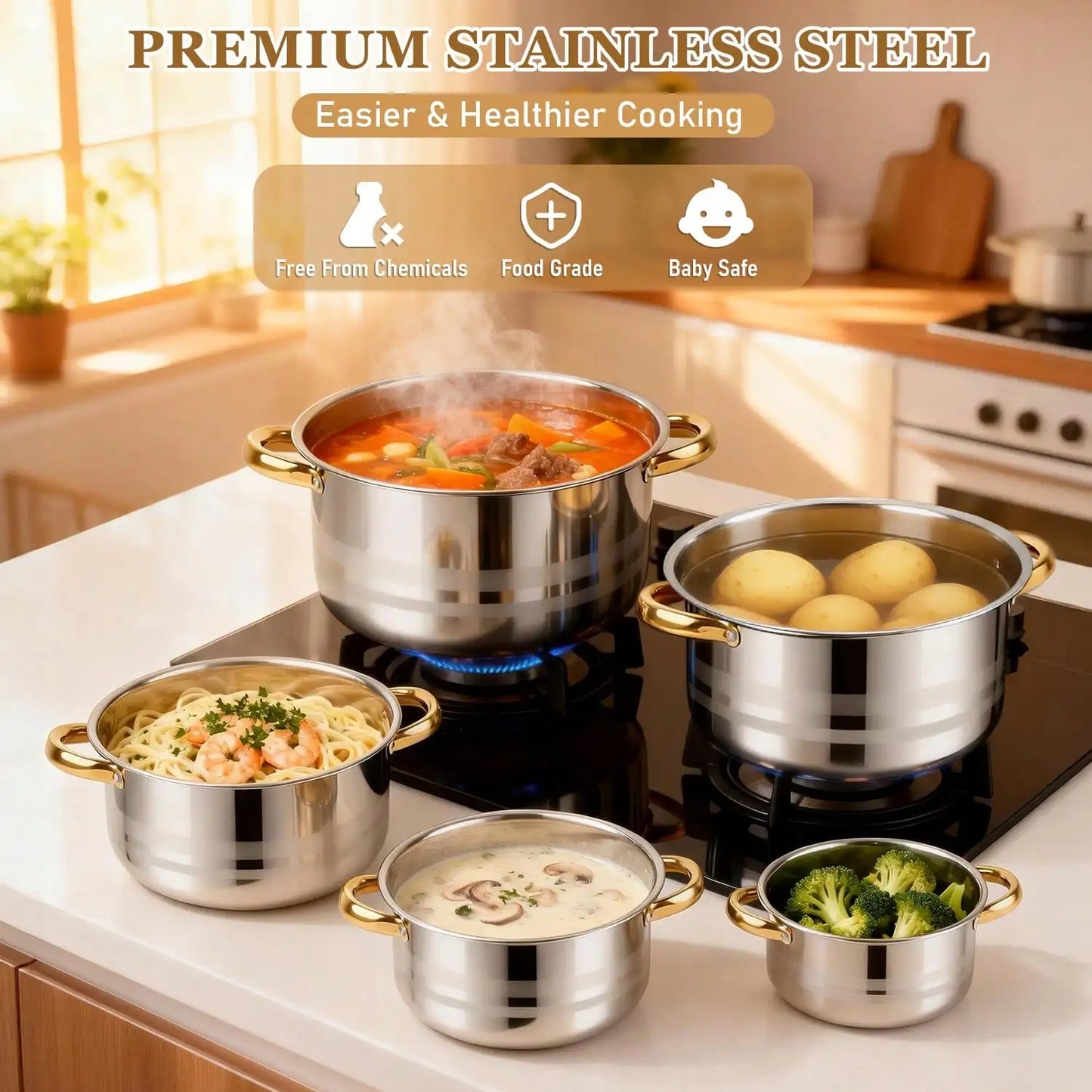 Stainless Steel Pot Set Modern Luxury Cookware Stock Pot Set Silver Body Gold Handles 10 Pcs Set 5 Pots 5 Lids Multi Size Deep Stock Pot For Home Kitchen Restaurant Cooking Soup Noodles Hot Pot Pasta