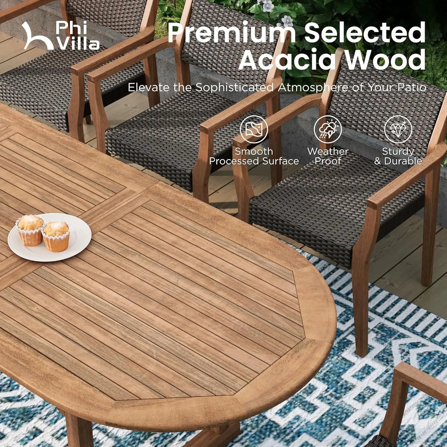 Acacia Wood Outdoor Dining Set Expandable Table and Chairs
