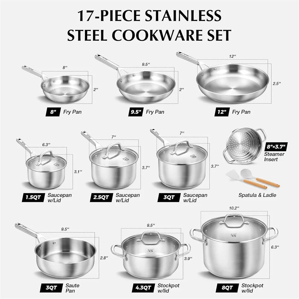 KOCH SYSTEME CS Stainless Steel Pots and Pans Set 17Pcs Professional Cooking Frying Pan Sauce Pan Soup Pot Induction Compatible