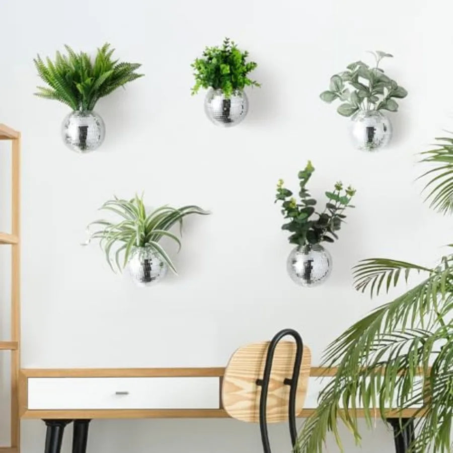 Disco Ball Planter Set Mirror Glass Wall Hanging Boho Decor