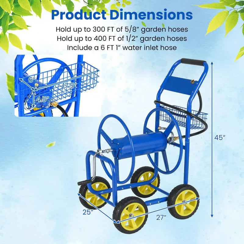 Garden Hose Reel Cart Metal Hose Cart with 4 Wheels and Storage Basket-Blue