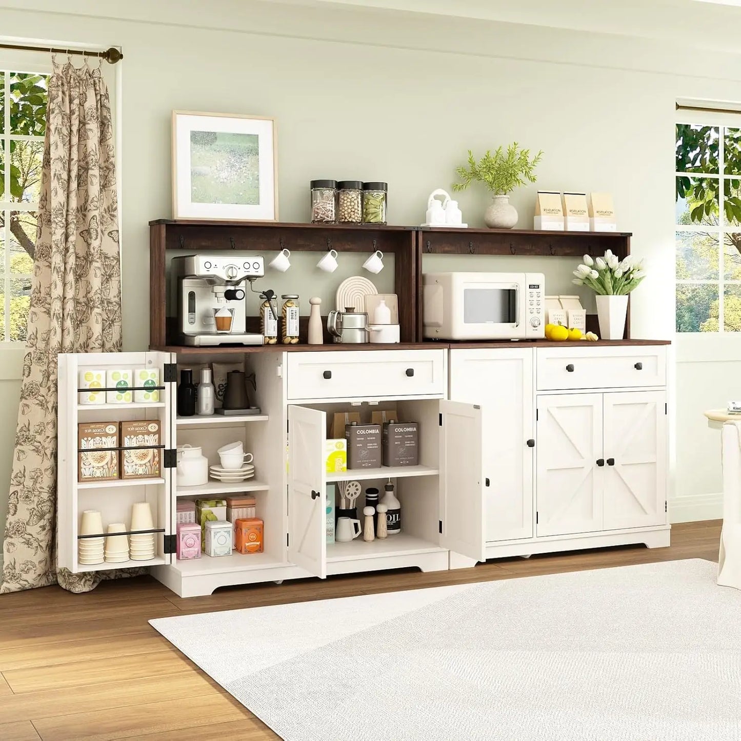 Wnutress Farmhouse Coffee Bar Cabinet With Drawer And Charging Station