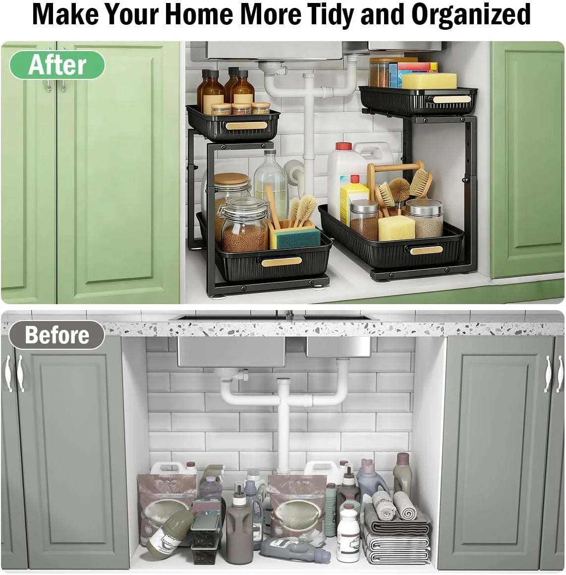 Under Sink Organizer - 2 Packs Multi-Purpose Pull-Out Storage Organizers, Slide out Pull out Cabinet Organizer Shelf, Storage for Kitchen Bathroom