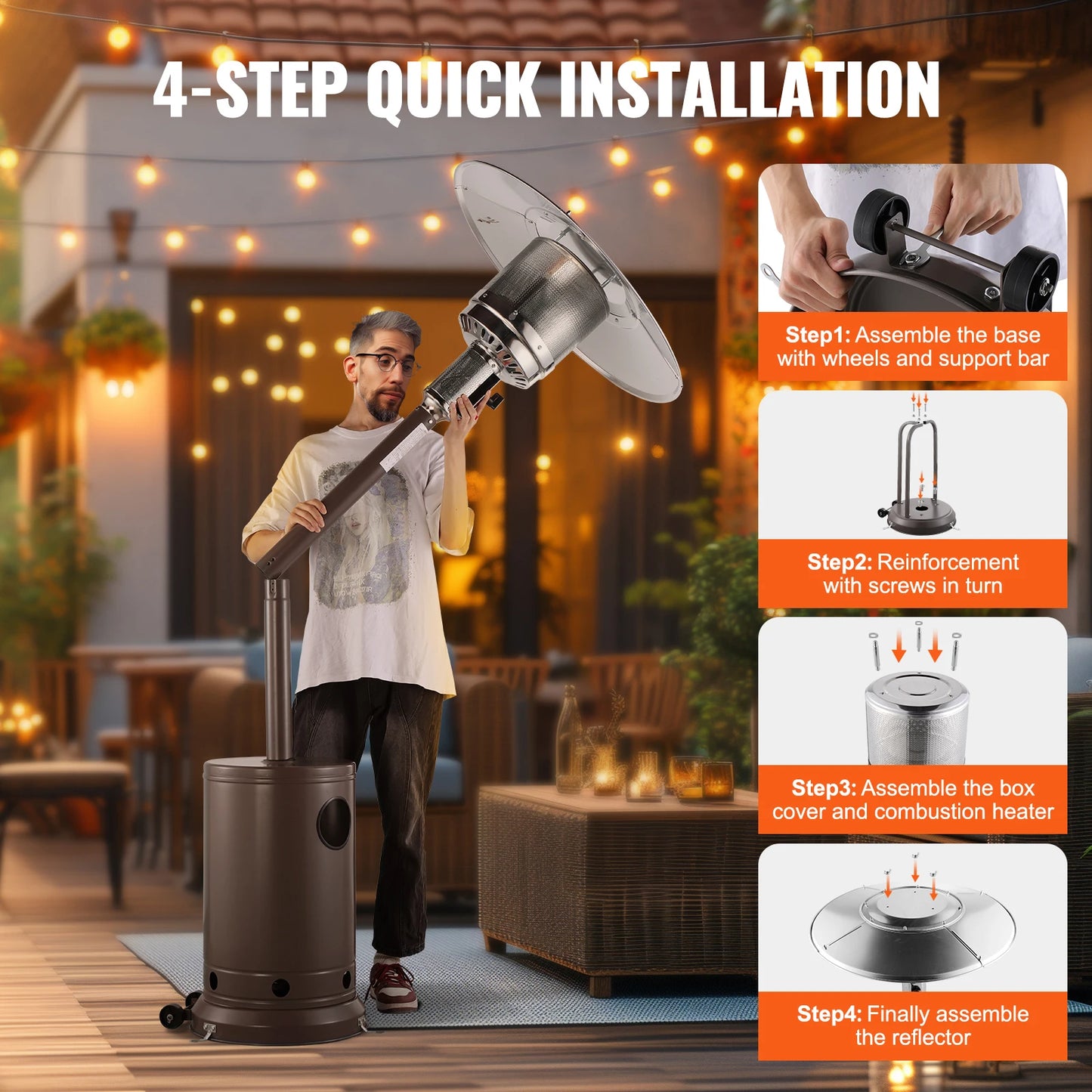 SucceBuy Patio Heater for Outdoor Use Tall Hammered With Round Table Design Metal Burner and Wheels Fixed Flame Heater for Patio