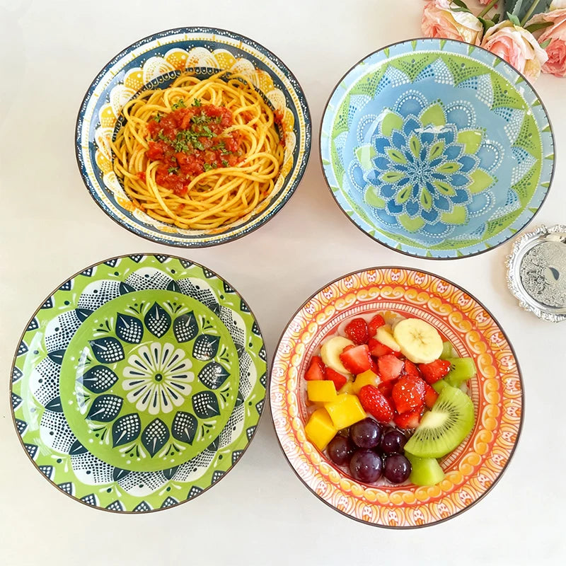 Bohemian Ceramic Soup Bowl Set, Microwave And Dishwasher Safe, Ramen Pasta Bowls