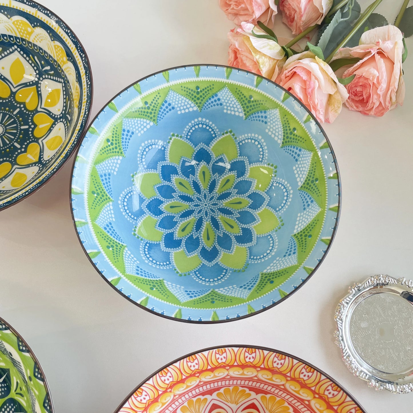 Bohemian Ceramic Soup Bowl Set, Microwave And Dishwasher Safe, Ramen Pasta Bowls