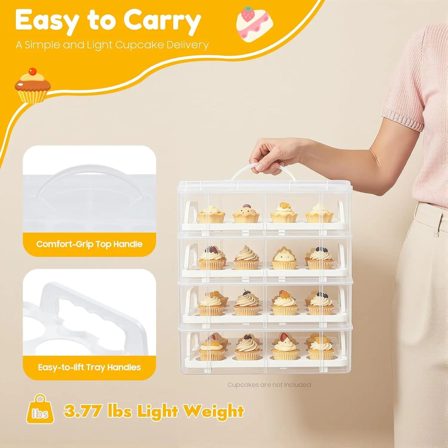 4-Tiers Cupcake Carrier, Cupcake Holder, Cupcake and Brownie Storage Container, Stacking Cupcake Storage Container Store up to 48 Cupcakes