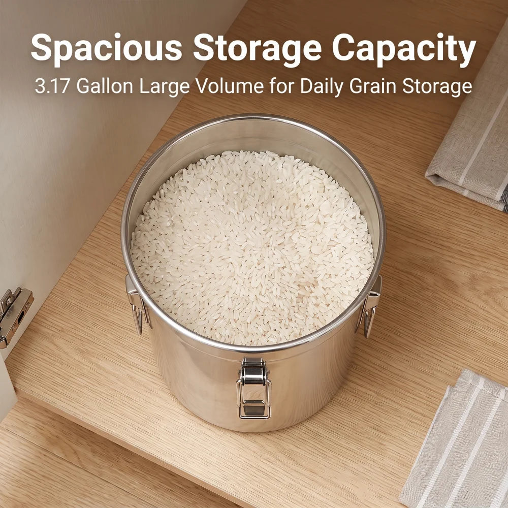 Stainless Steel Storage Bucket 12L, Metal Canister for Rice Flour Cereal Tea Spices, 304 Cylindrical Container, for Kitchen Restaurant Hotel, Dry Wet Food Storage, Silver, Polished