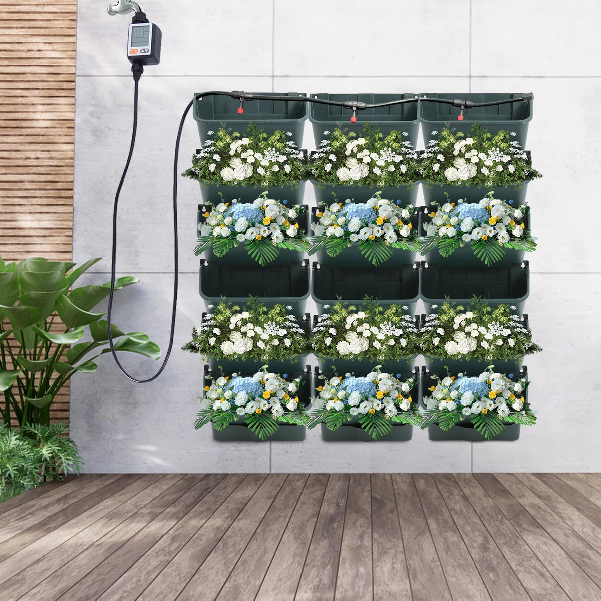 Self-Watering Wall Planter, 18-Pot Hanging Planter, Auto Watering System with Timer, for Indoor Outdoor Garden Wall Decor, Green