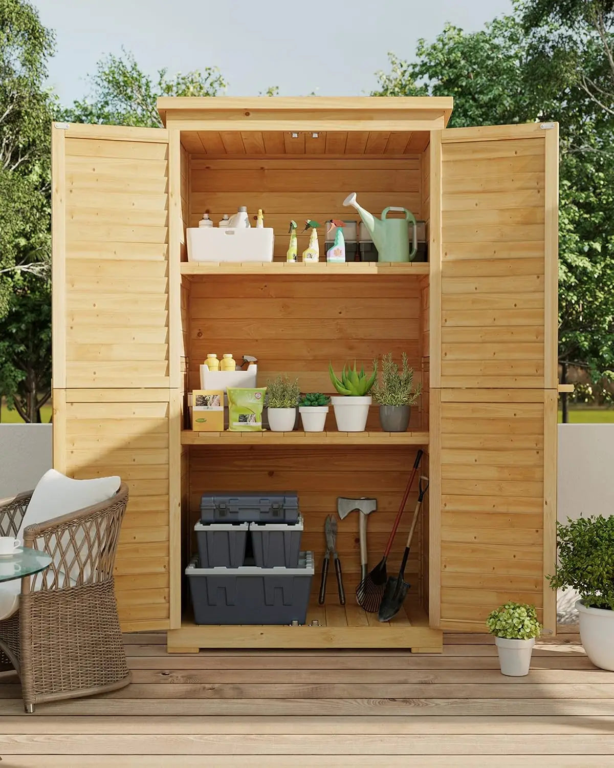 Outdoor Tall Wooden Storage Cabinet With 3 Shelves Double Lock Waterproof Roof