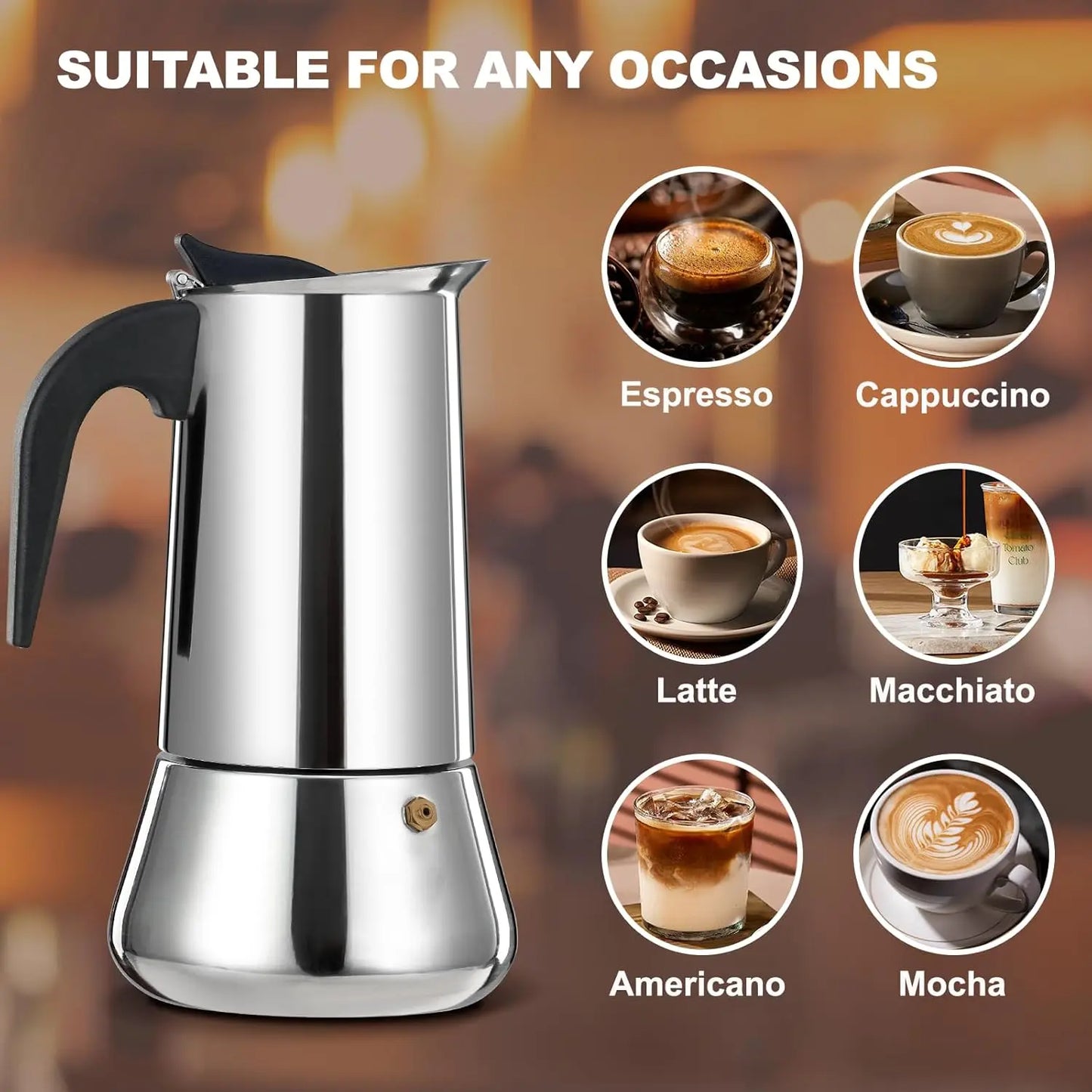 Food Grade Stainless Steel Stovetop Espresso Moka Pot with Safety Valve, Multi Capacity Italian Coffee Percolator, Gas Induction Camping Coffee Maker for Home Cafe Use