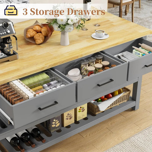 Rubberwood Kitchen Island With Power Outlets And Shelves Farmhouse Style