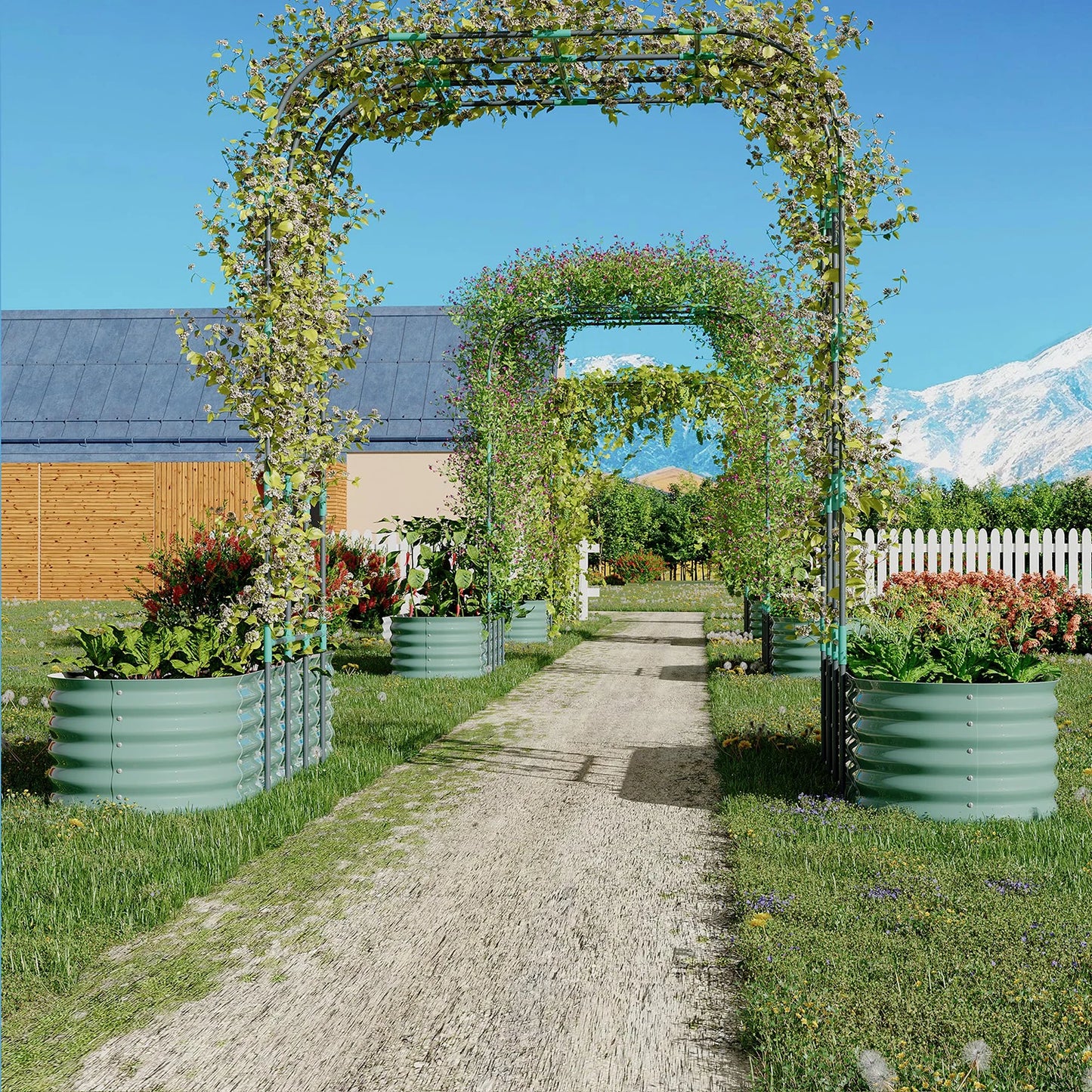 HiMISS Galvanized Raised Garden Bed With Arch Trellis Planter Box