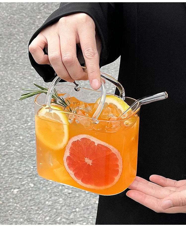 Creative Portable Handbag Glass Cup With Straw Fruit Wine Glass