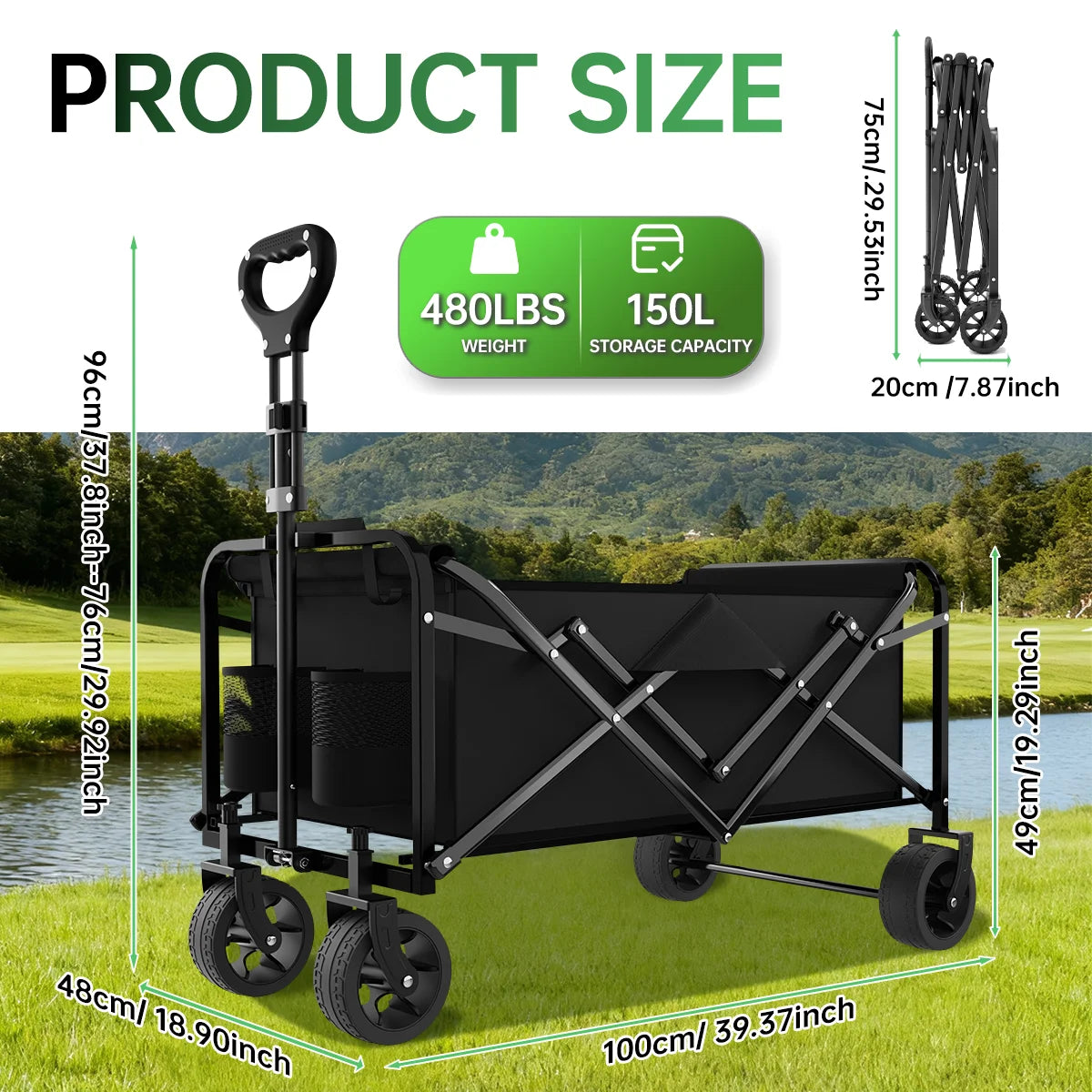 Heavy Duty Large Capacity Folding Cart with Stainless Steel Frame And 600D Oxford Cloth Black All Terrain Multi-Purpose for Camping Gardening Beach Shopping No Assembly Required