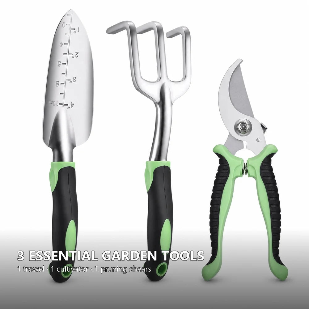 3 Piece Garden Tool Set Aluminum Alloy Gardening Hand Tools Kit with Transplanting Trowel 3 Tine Hand Rake Cultivator and Bypass Pruning Shears Ergonomic Non Slip Handles for Planting Digging Weeding and Trimming