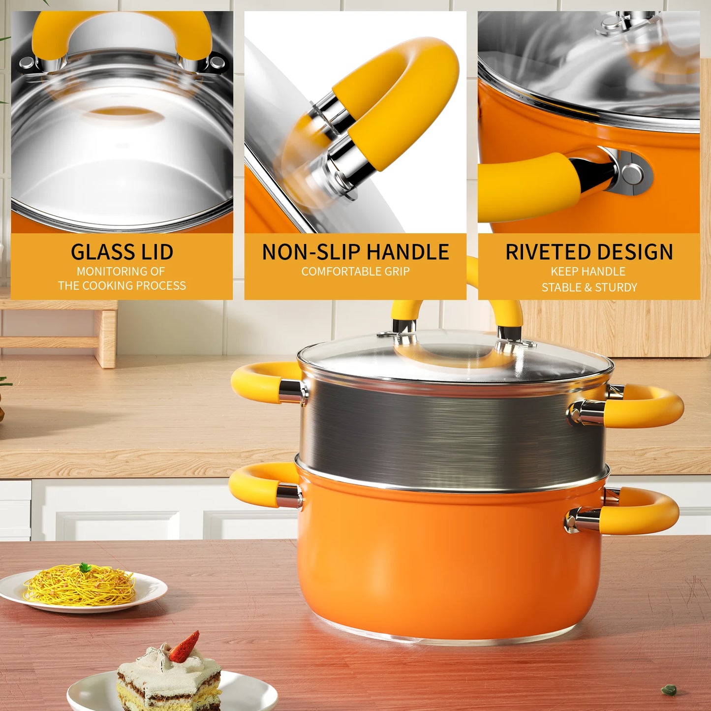 Stainless Steel Cookware Set with Steamer & Lids – Fast Heating,8.5 in/21.59cm, Ergonomic Handles, Induction Ready, Dishwasher Safe