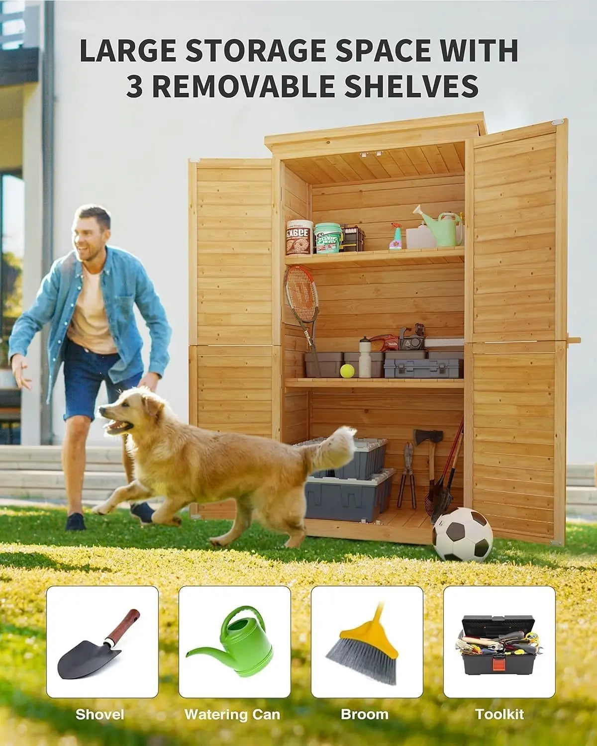 Outdoor Tall Wooden Storage Cabinet With 3 Shelves Double Lock Waterproof Roof