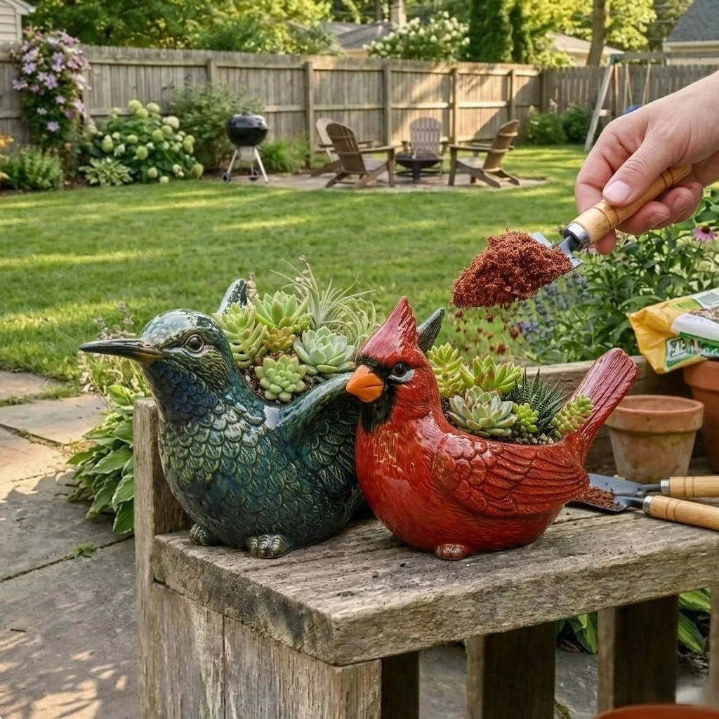 2PCS Red Cardinal Succulent Planter Gardening Set – Resin Flower Pots with 1 Mini Garden Trowel Tool, Creative Succulent Pots for Indoor & Outdoor Decor, Ideal Gift for Plant Lovers