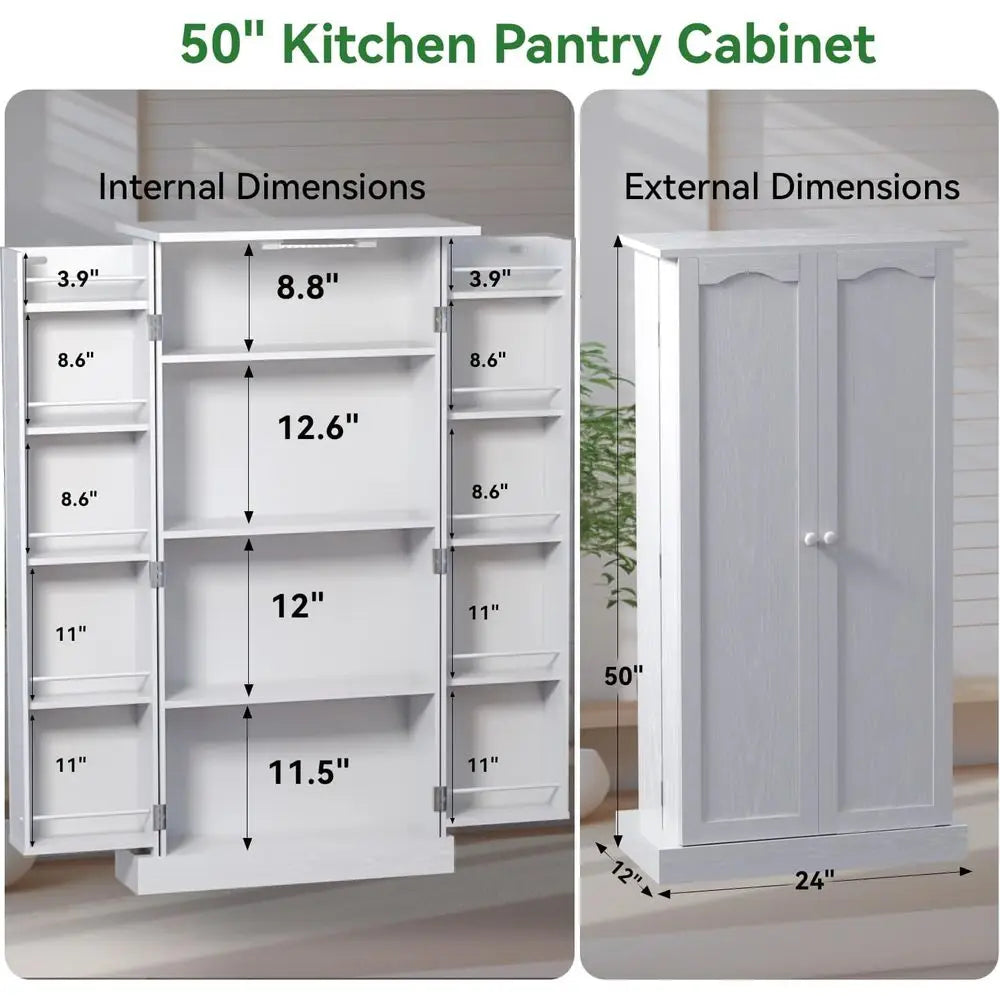 50 White LED-Lit Kitchen Pantry Cabinet with Adjustable Shelves for Storage in Kitchen, Living, and Dining Spaces
