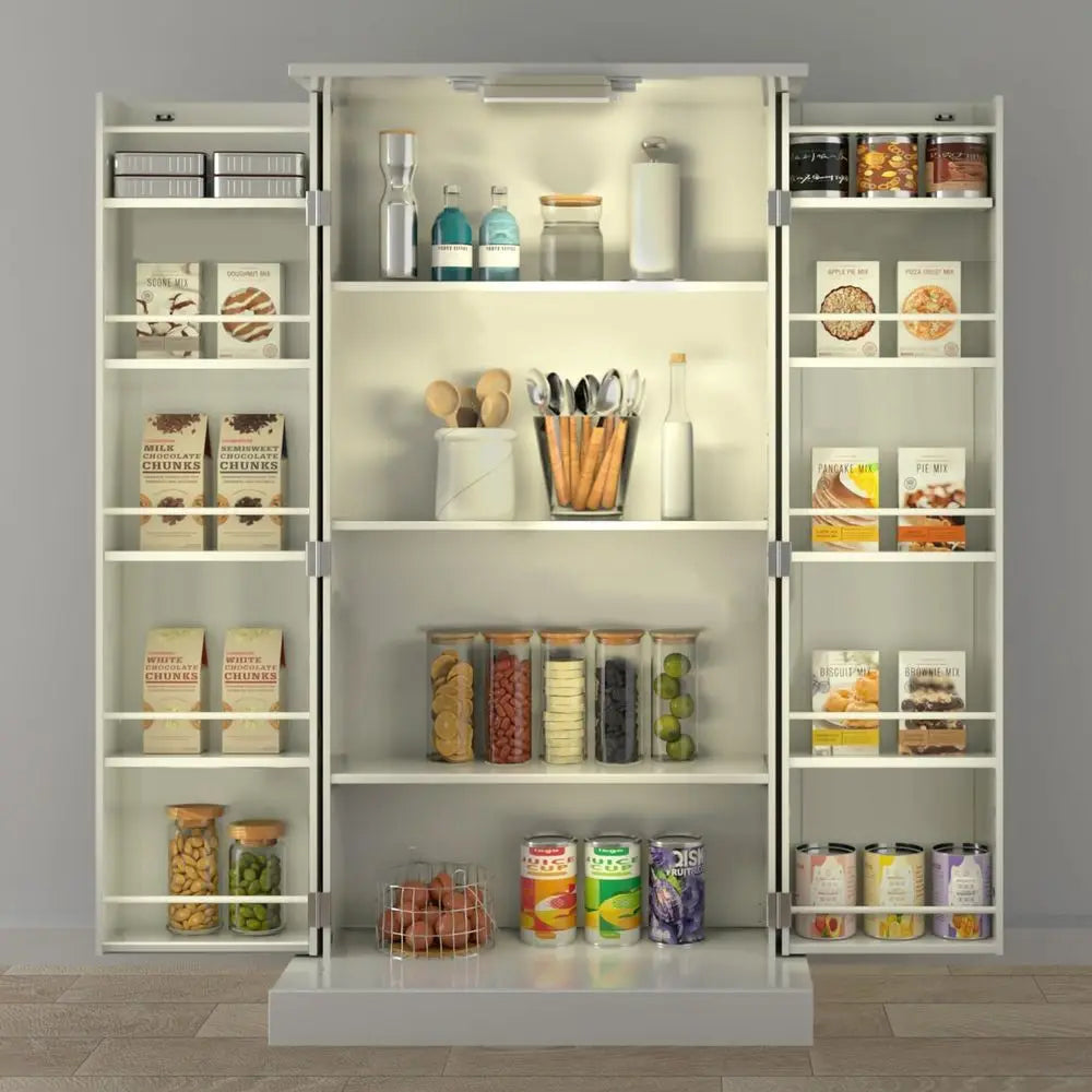 50 White LED-Lit Kitchen Pantry Cabinet with Adjustable Shelves for Storage in Kitchen, Living, and Dining Spaces