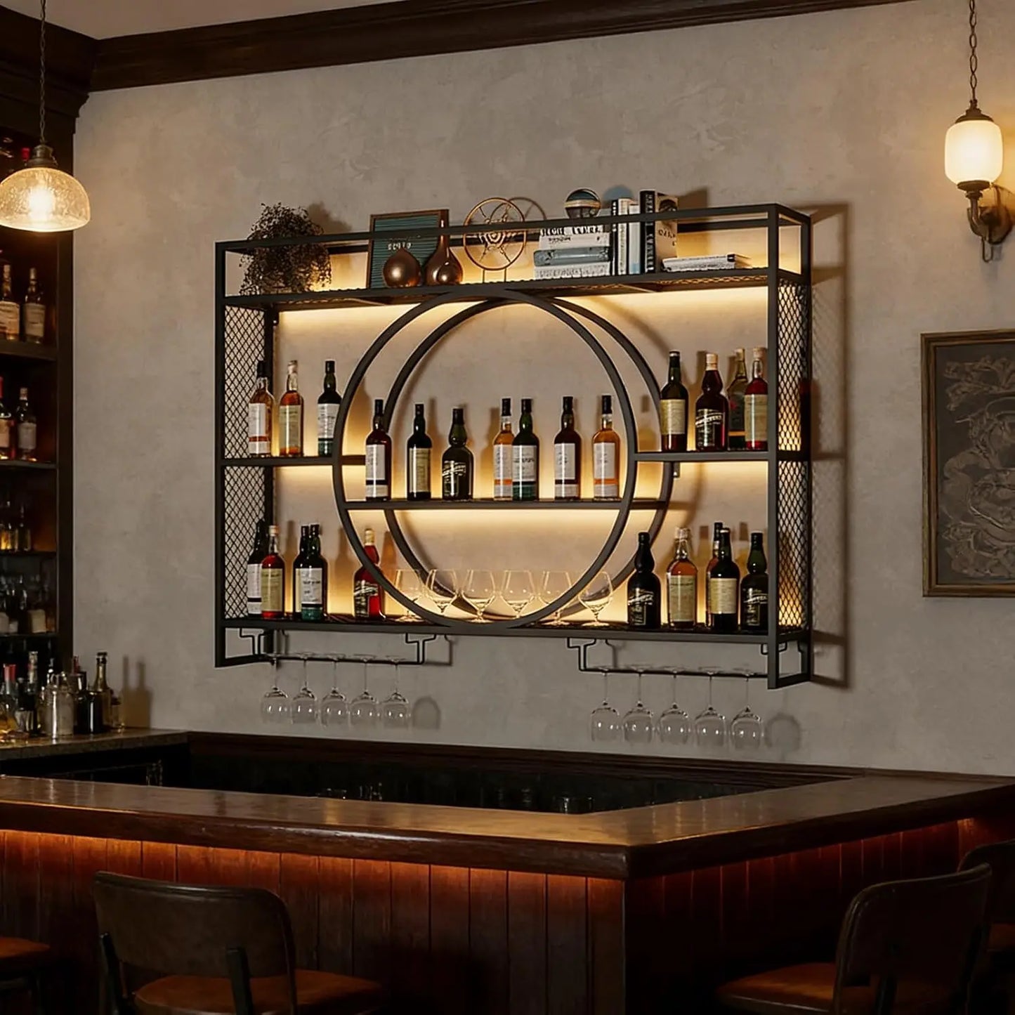 Wall Mounted Wine Rack With LED Lights Iron Floating Shelf