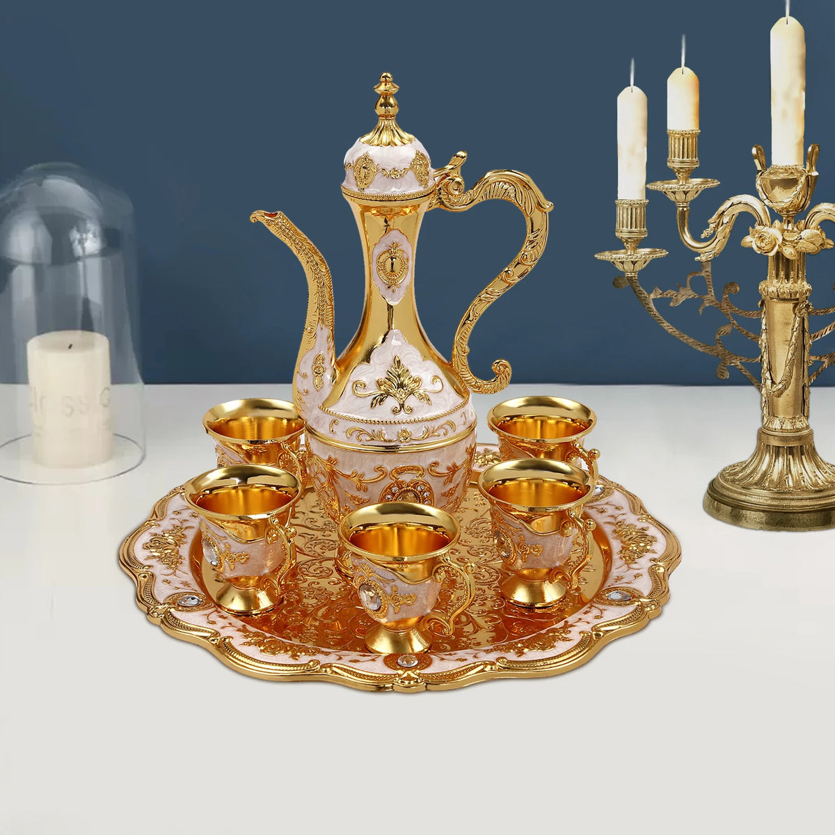 Tea Set with Tray, Vintage Coffee Set 1 Teapot 6 Cups 8.45oz, Gold White Tea Set for Home Wedding Gift