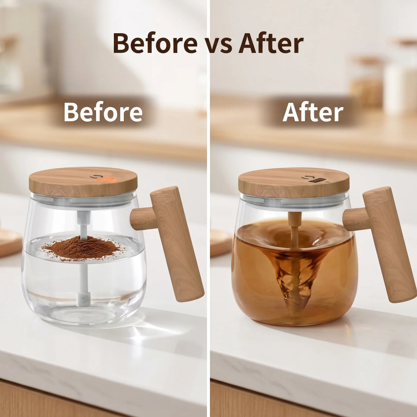 USB Dry Battery Powered Self Mixing Coffee Cup Large Capacity Automatic Stirring Glass Mug Leakproof Wooden Lid Electric Blender Cup for Home Office Travel