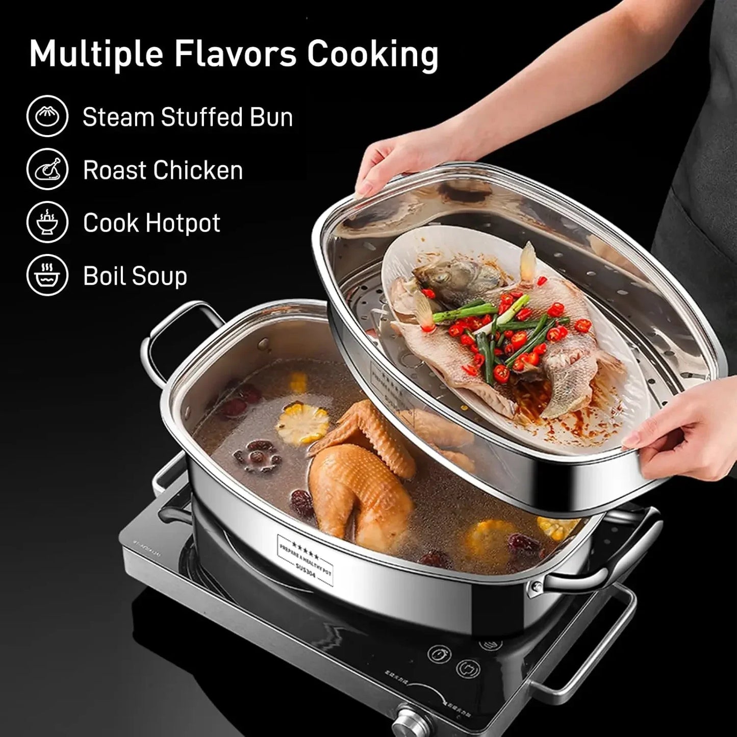 Two Tier Stainless Steel Fish Steamer Stockpot Cookware With Rack
