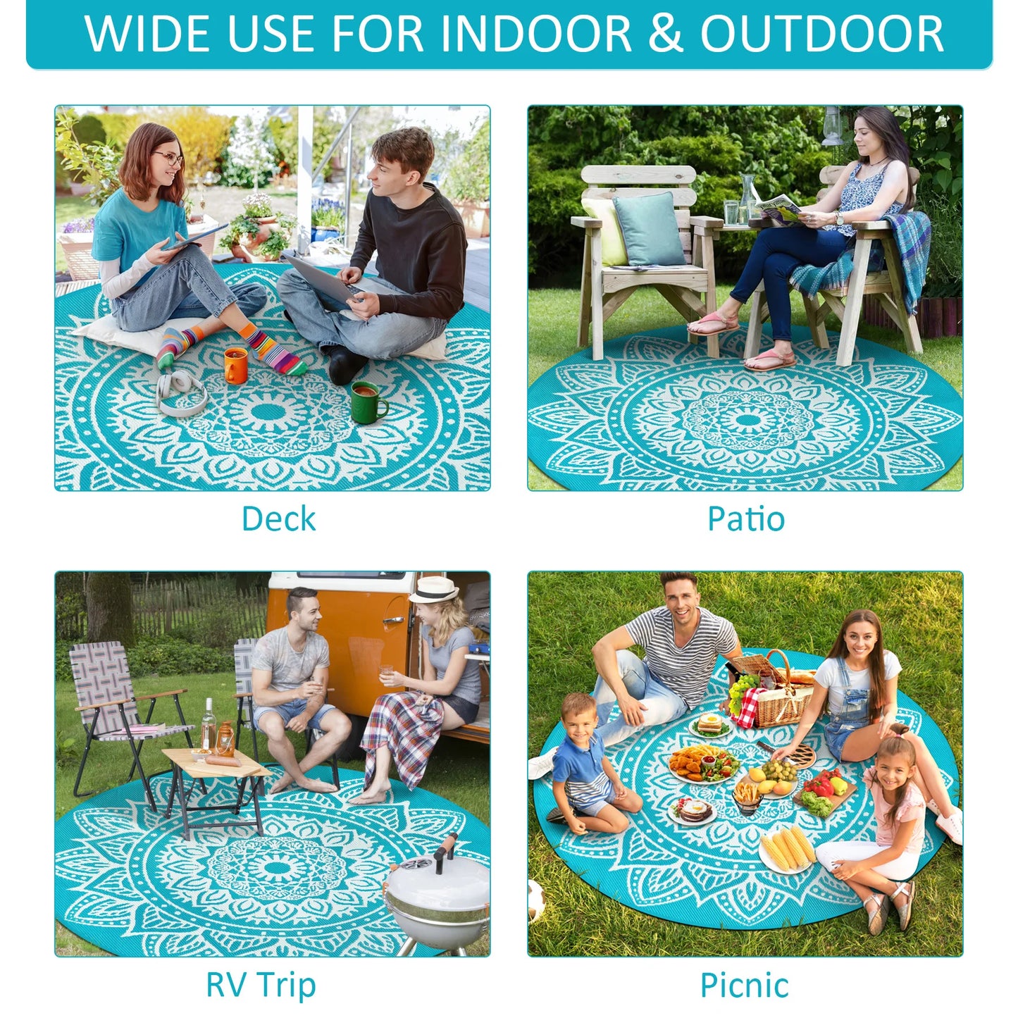 Round Outdoor Rug Reversible Waterproof Plastic Straw Mat Portable RV