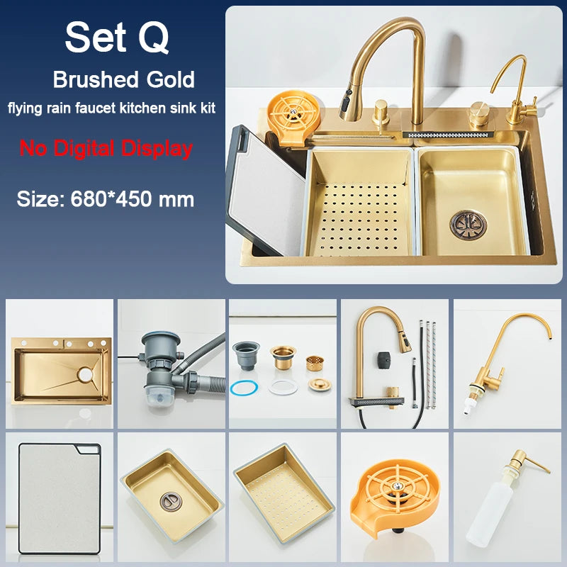 Stainless Steel Kitchen Sink with Faucet 75*45cm Large Single Bowl Digital Display Dish Basin Sink Waterfall Hot Cold Faucets