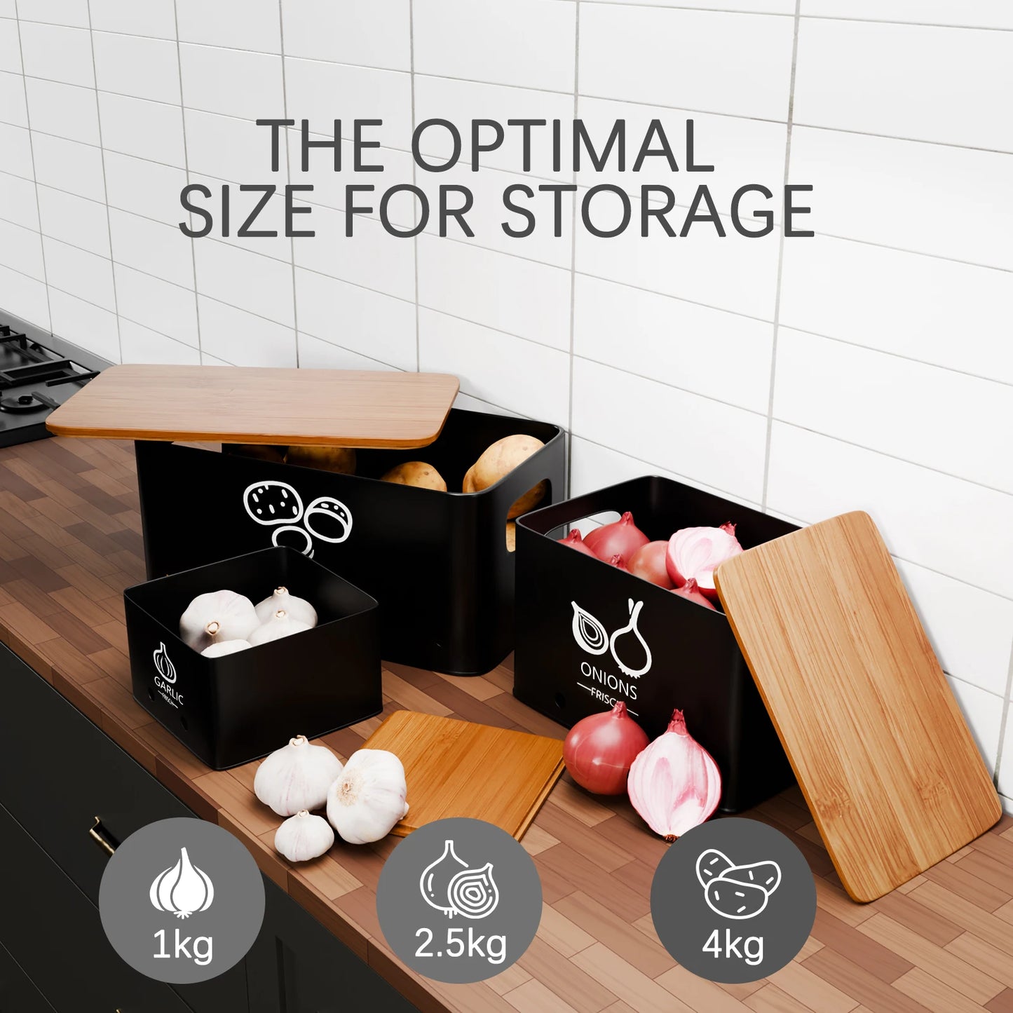 3-Piece Vegetable Storage Box Set, Potato, Onion and Garlic Storage Jars Suitable for Kitchen Countertops, With Lid Metal Vegetable Preservation Boxes, Kitchen Pantry Organiser Jars