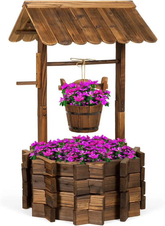 Rustic Wooden Wishing Well Planter With Hanging Bucket