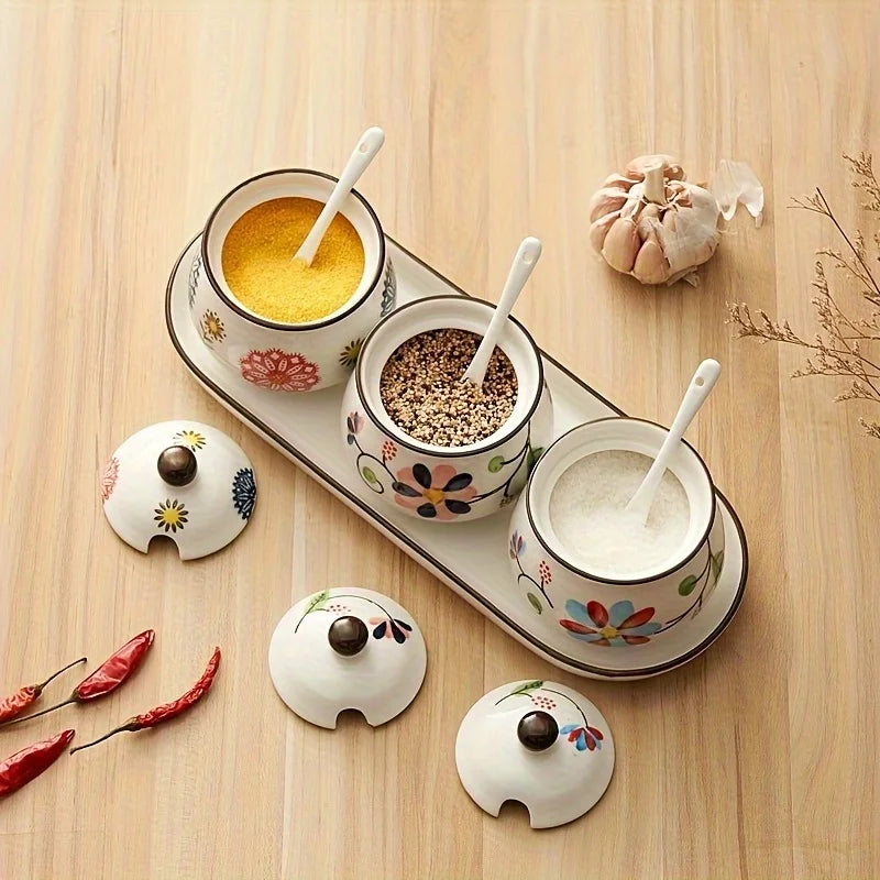 Japanese Ceramic Seasoning Bottles Set With Lids And Spoons