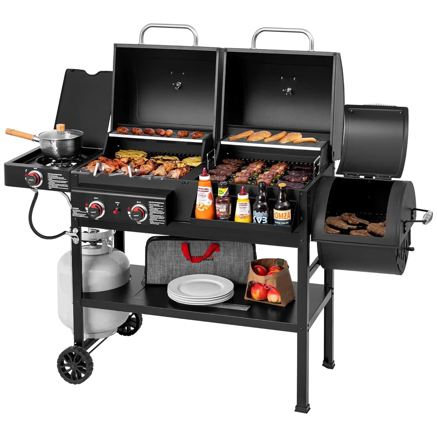 Dual Fuel 2 Burner Grill With Charcoal Gas Offset Smoker