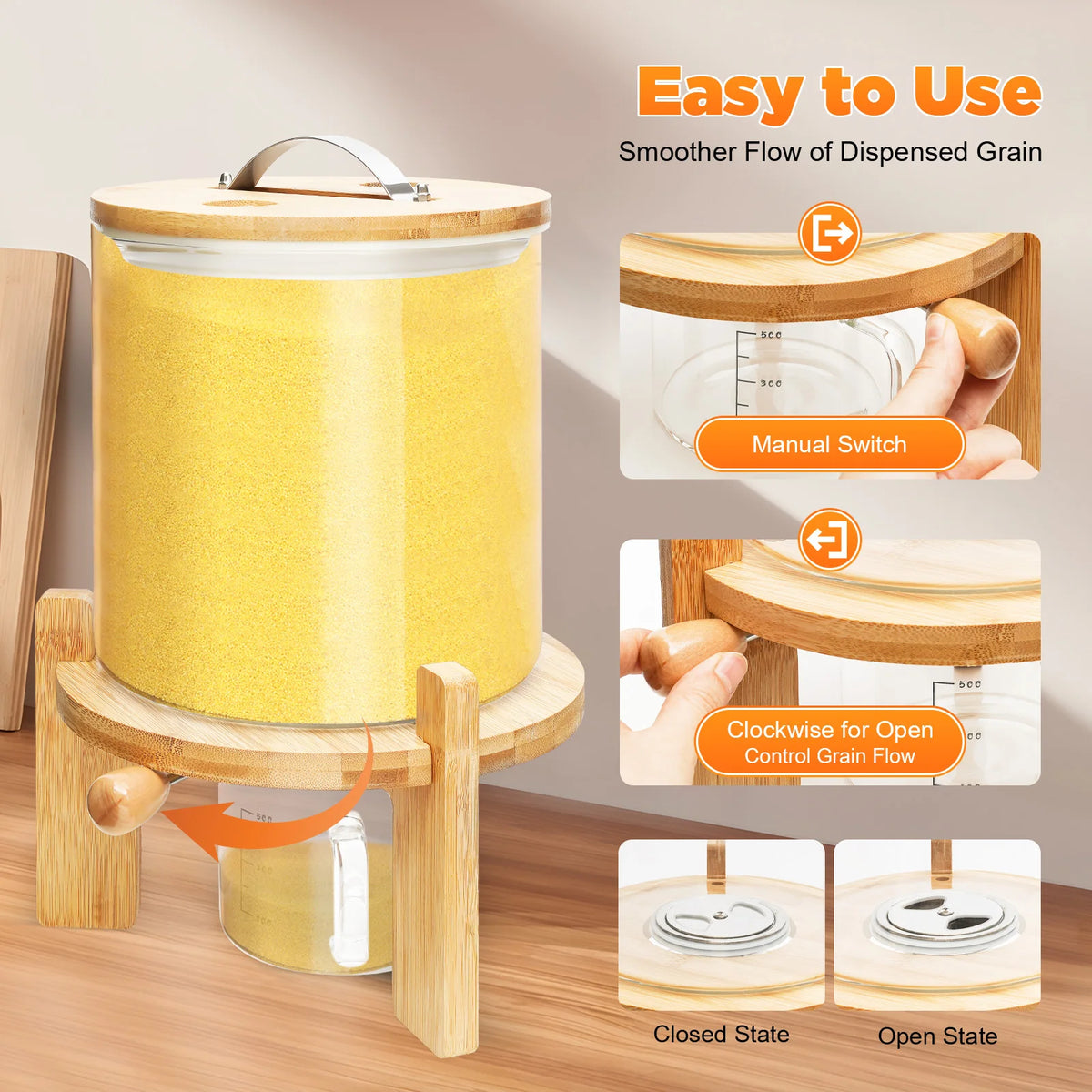 5L 1.32Gal Airtight Cereal Dispenser Stainless Steel Glass Silicone Bamboo Measuring Cup Moisture Proof Grain Storage Container