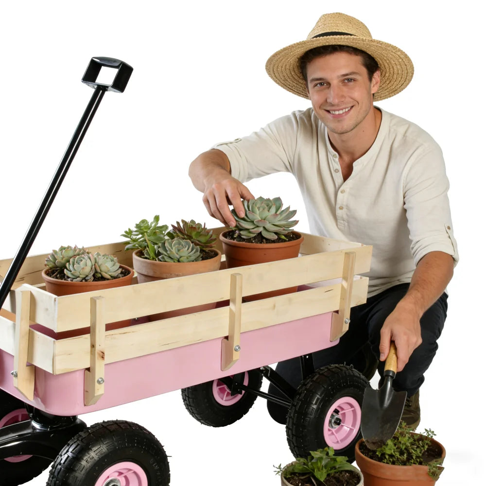 Heavy Duty All Terrain Outdoor Wagon, Garden Cart with Wooden Panels, Air Tires & Railing for Tools Hauling