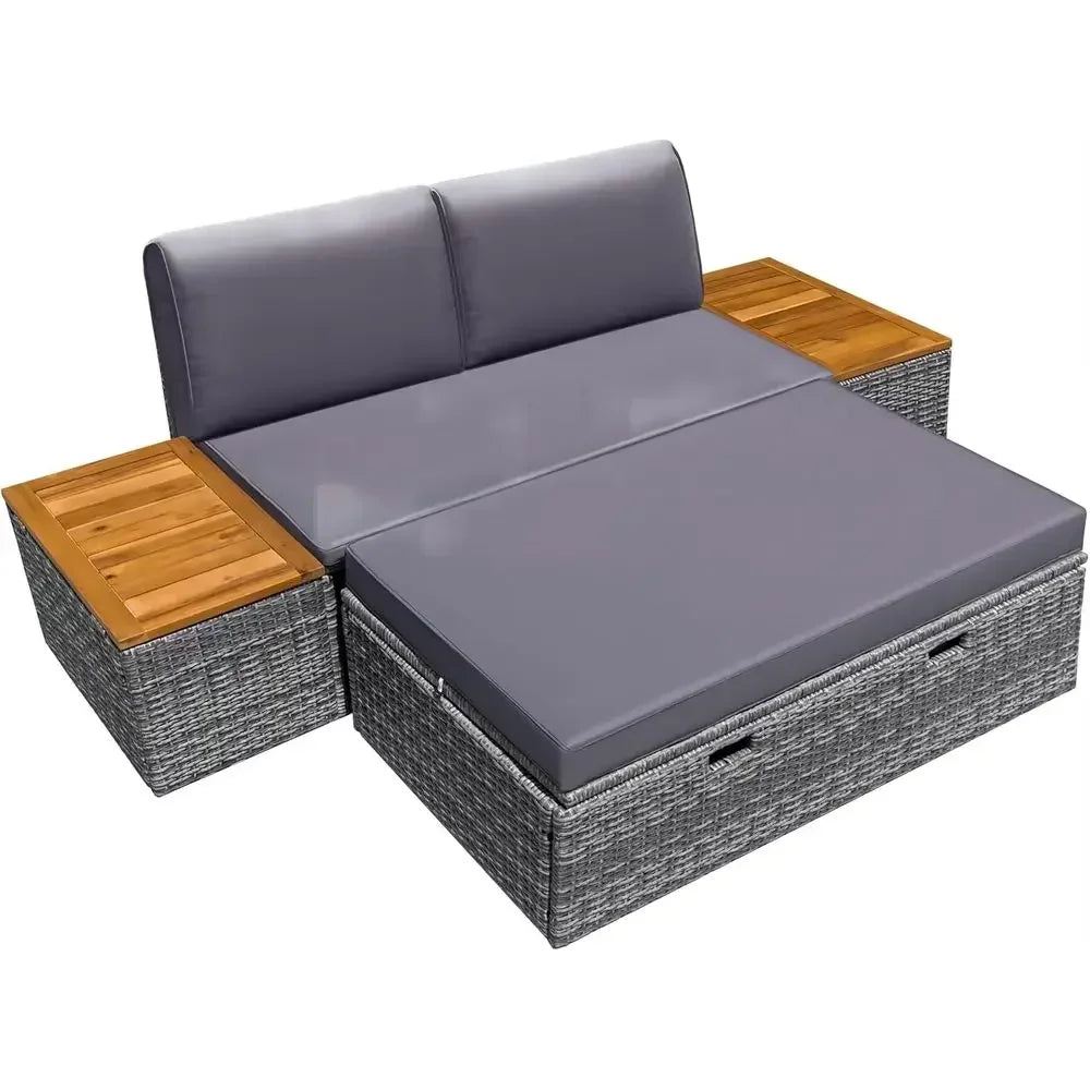 Multifunctional Gray Wicker Daybed Set with Side Tables, Cushions, and Storage Bench for Outdoor Use