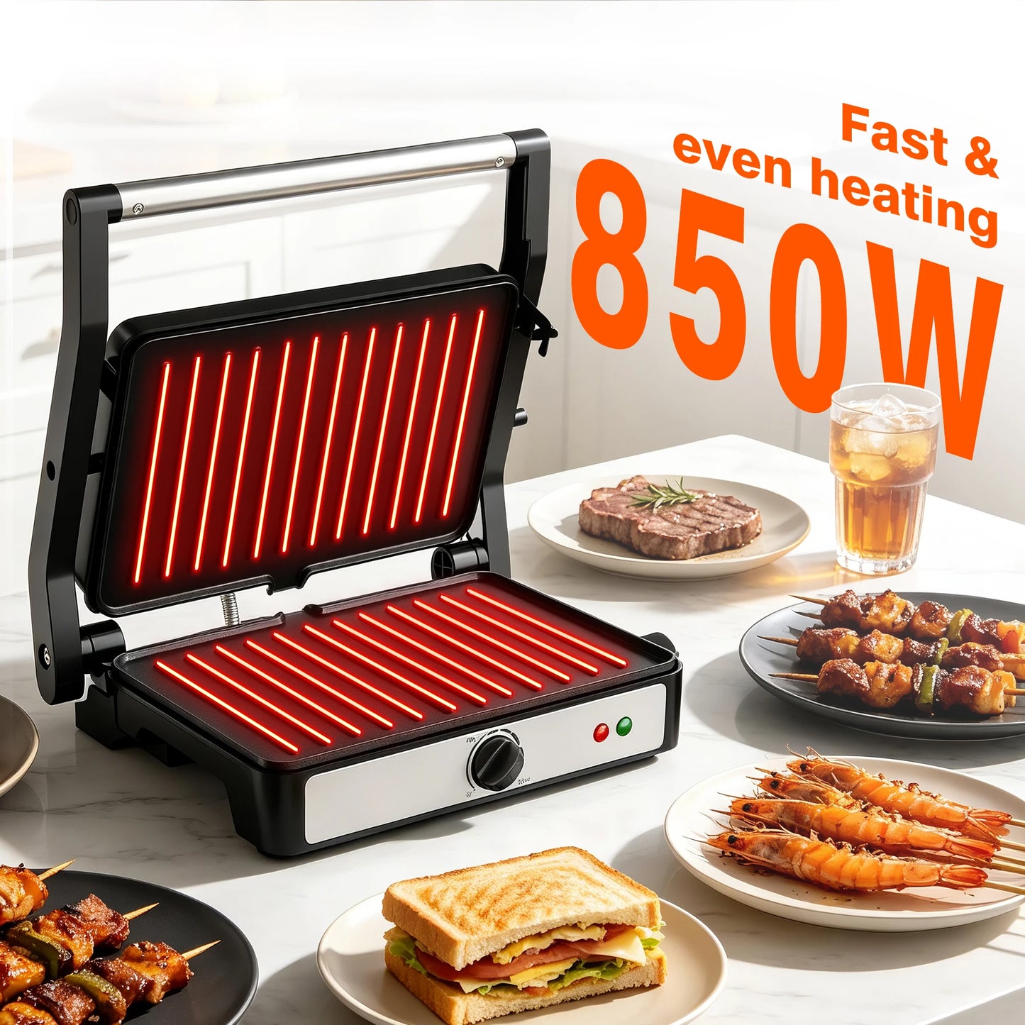 2-Slice Sandwich Maker, 900W Indoor Grill & Panini Press, Adjustable Temperature Control, 180° Flat Opening, Cool-Touch Handle, Kitchen Appliance Gift