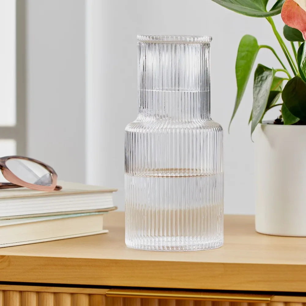 30 Ounce Clear Ribbed Glass Pitcher Carafe with Lid Cover Beverage Serving Decanter for Homemade Juice Milk Cold Drinks Kitchen Bar Restaurant Daily Use