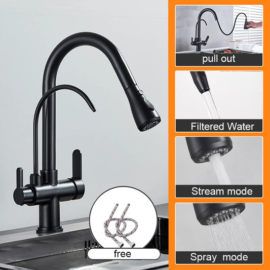 Matte Black Pure Water Kitchen Faucet Dual Handle Hot and Cold Drinking Water Pull Out  Kitchen Mixer Taps