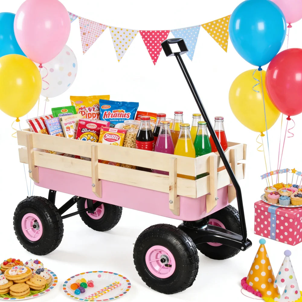 Heavy Duty All Terrain Outdoor Wagon, Garden Cart with Wooden Panels, Air Tires & Railing for Tools Hauling