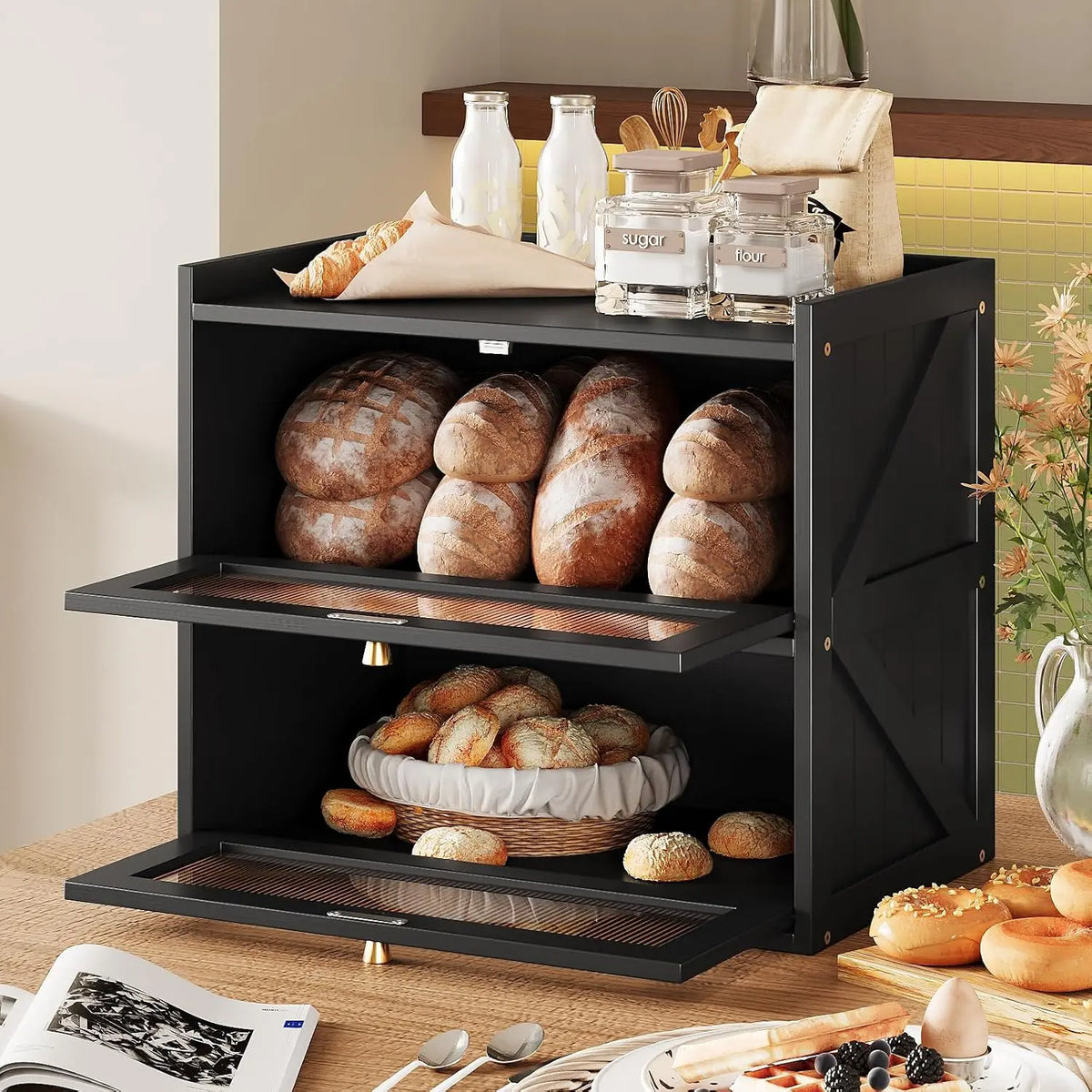 Trironsun Farmhouse Double Layer Black Bread Box with Acrylic Door for Kitchen Counter