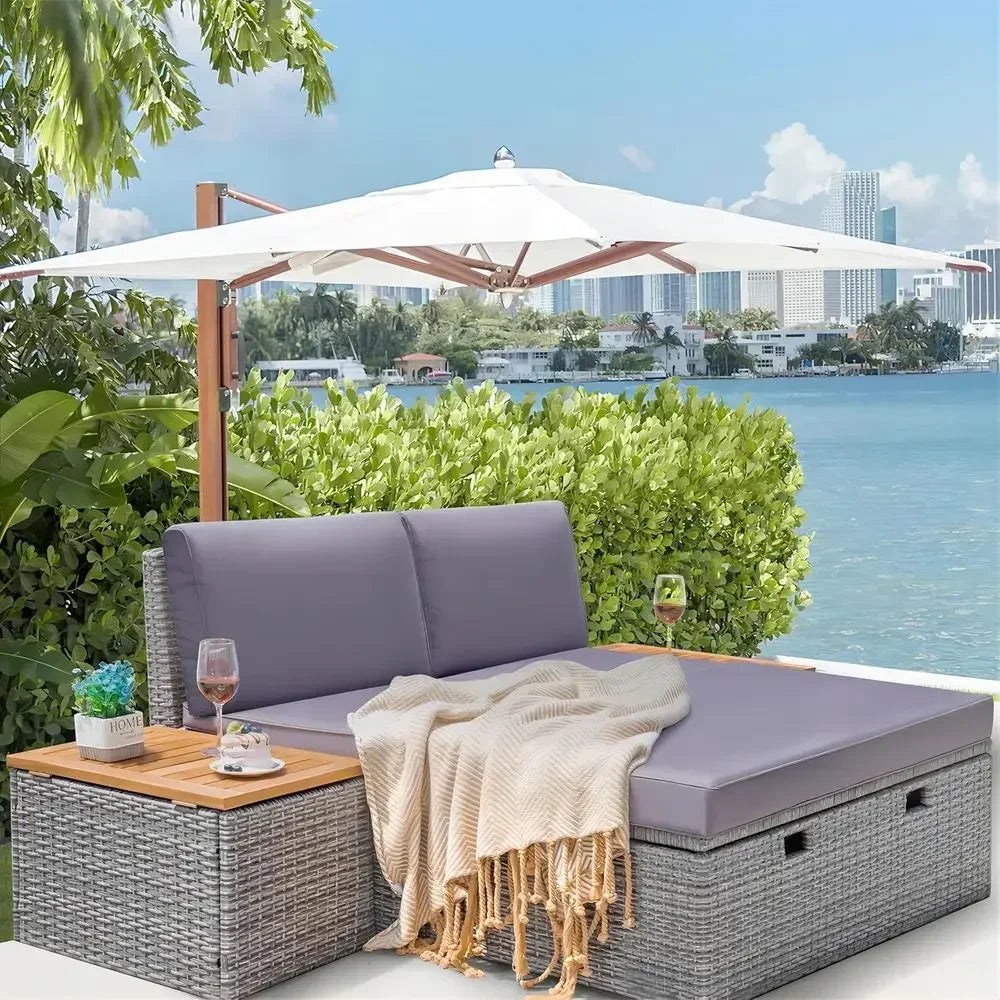 Multifunctional Gray Wicker Daybed Set with Side Tables, Cushions, and Storage Bench for Outdoor Use