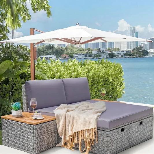 Multifunctional Gray Wicker Daybed Set with Side Tables, Cushions, and Storage Bench for Outdoor Use