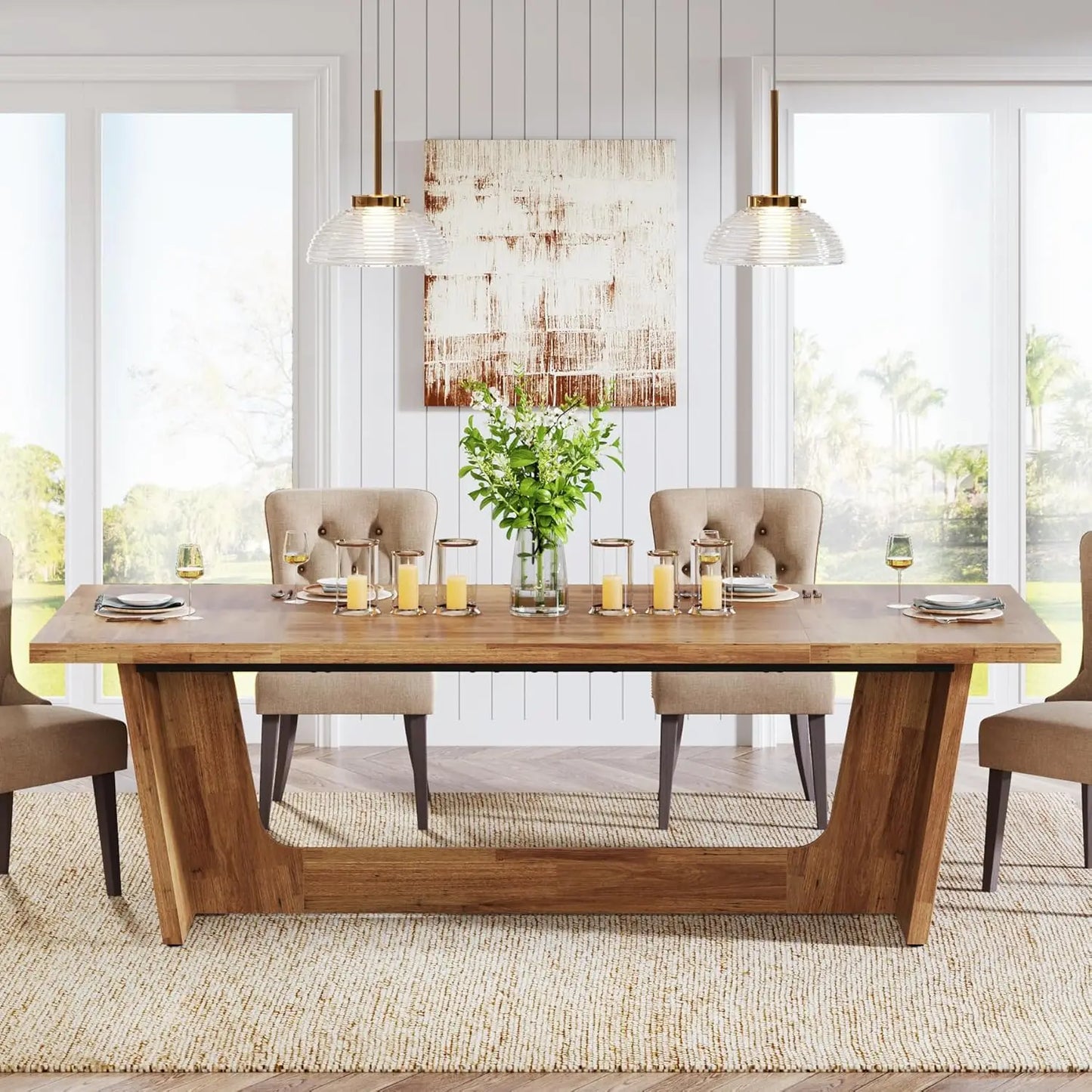 Dining Room Table: Rectangular Farmhouse Kitchen Table with Solid Pedestal, Rustic Long Dinner Table for Big Family